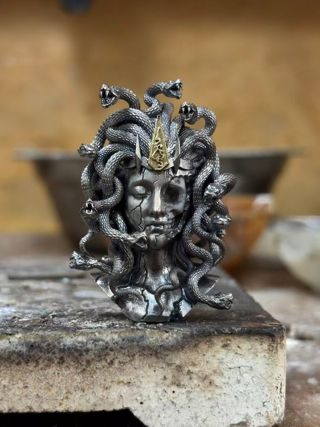 Vintage Sterling Silver Petrified Medusa Pendant Ornament
