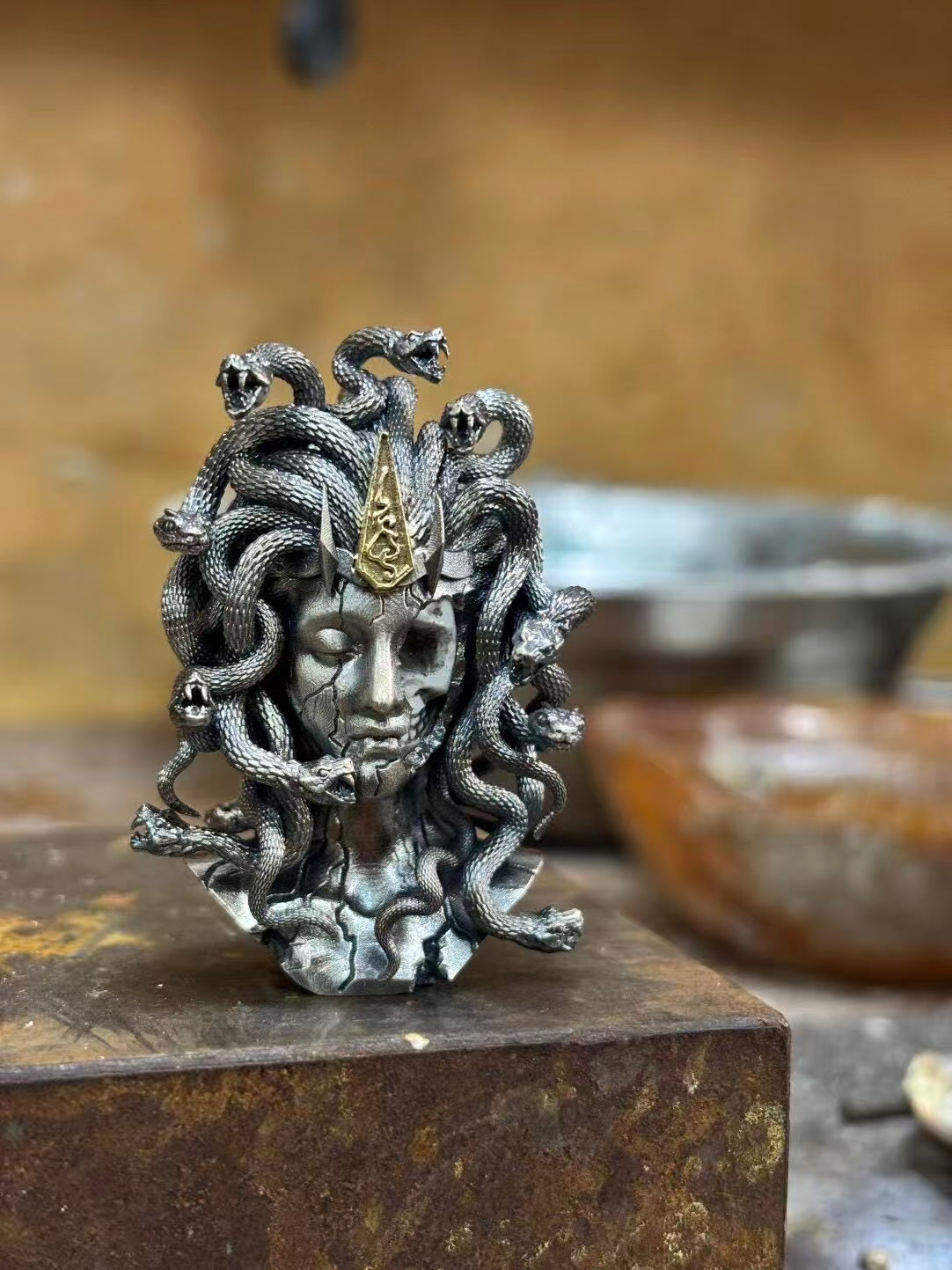 Vintage Sterling Silver Petrified Medusa Pendant Ornament