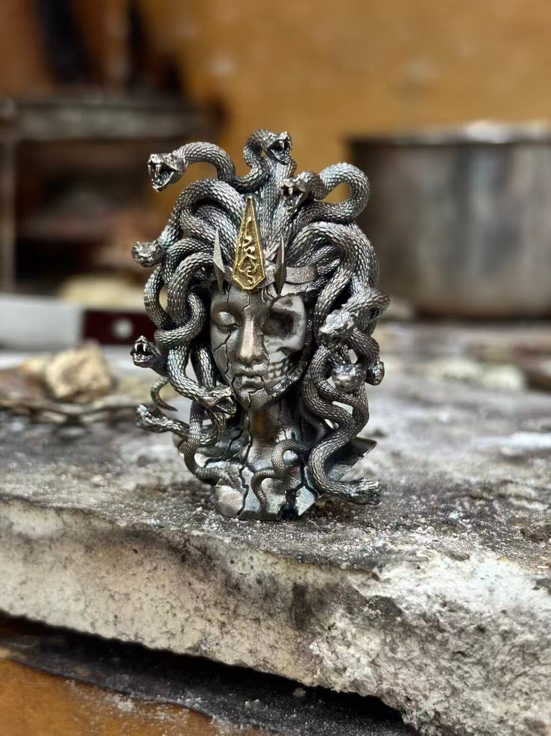 Vintage Sterling Silver Petrified Medusa Pendant Ornament