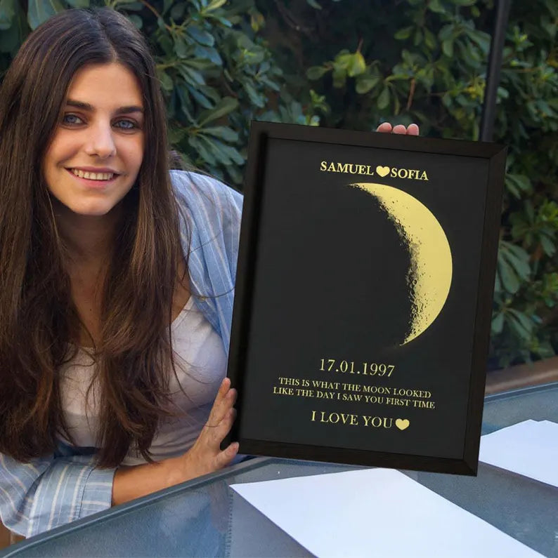 Custom Moon Phase and Names Wooden Frame with Your Text