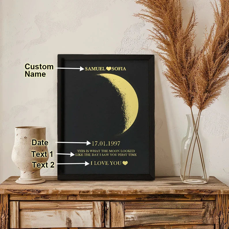 Custom Moon Phase and Names Wooden Frame with Your Text